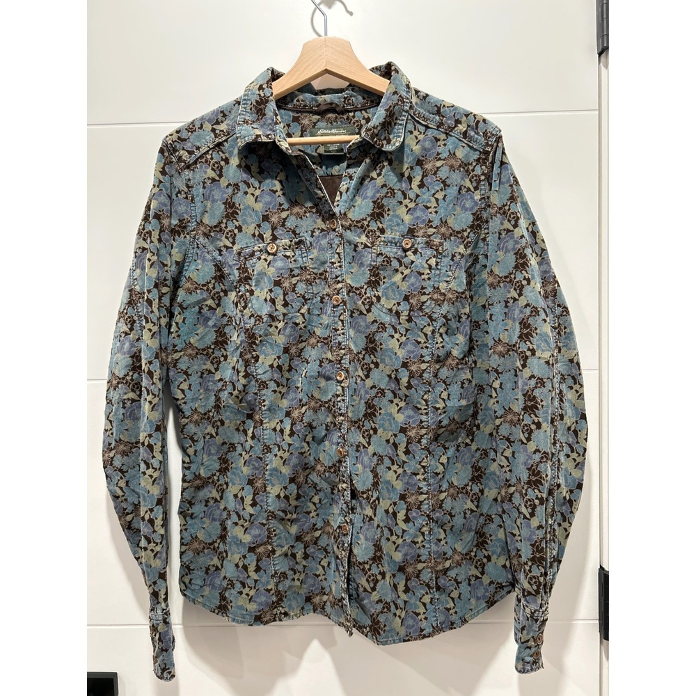 Eddie Bauer Womens Blue Brown Floral Corduroy Button Down Shirt Tall Large L